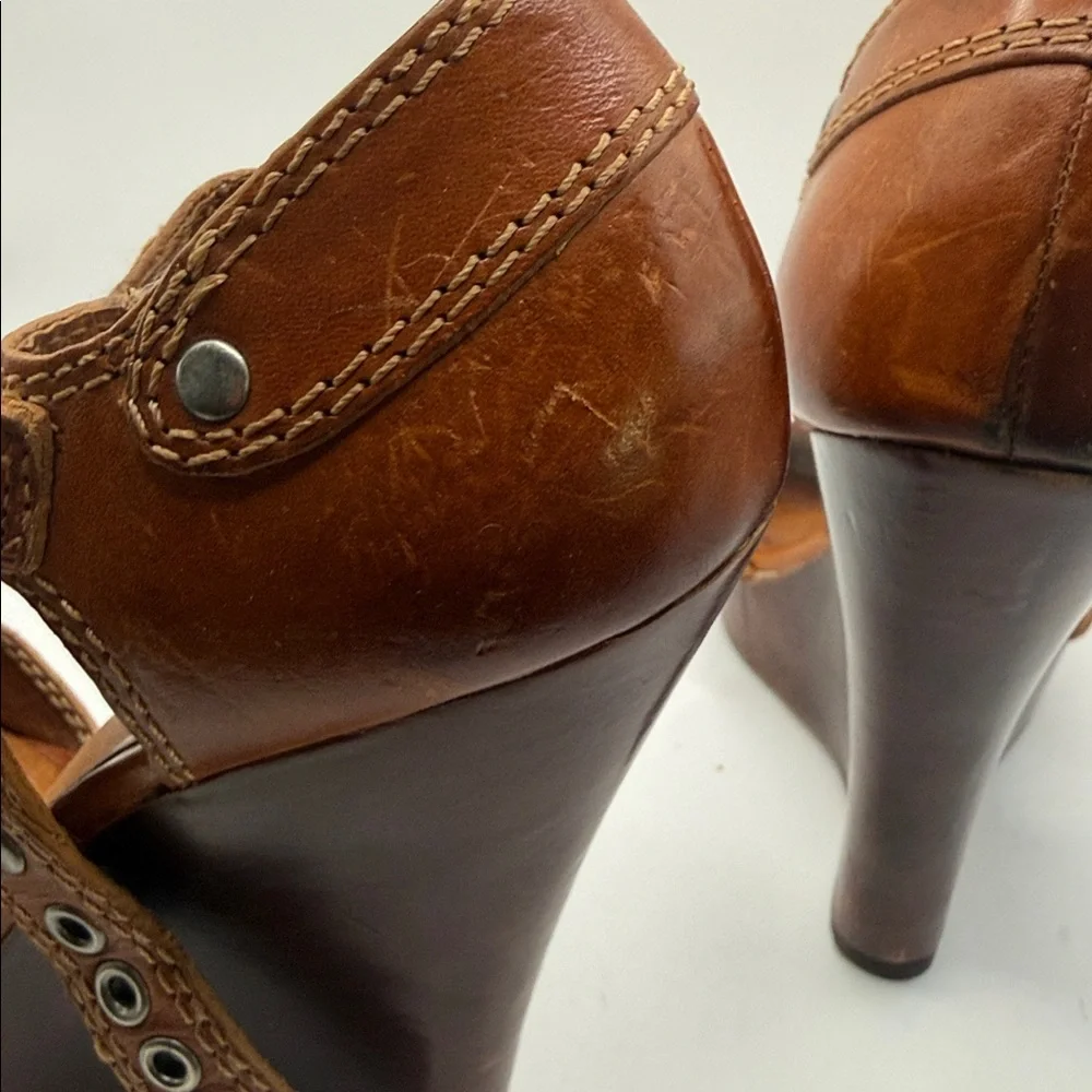 Frye Brown Leather Buckle Wedge Sandals